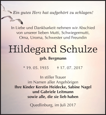 Traueranzeige von Hildegard Schulze von Mitteldeutsche Zeitung Quedlinburg