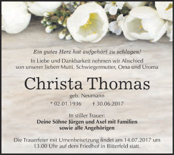 Traueranzeige von Christa Thomas von WVG - Wochenspiegel Bitterfeld