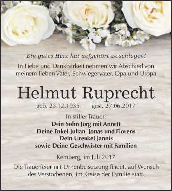 Traueranzeige von Helmut Ruprecht von WVG - Wochenspiegel Bitterfeld