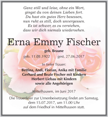 Traueranzeige von Erna Emmy Fischer von Mitteldeutsche Zeitung Mansfelder Land