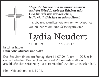 Traueranzeige von Lydia Neudert von Super Sonntag Wittenberg