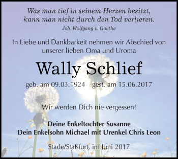 Traueranzeige von Wally Schlief von Super Sonntag Bernburg