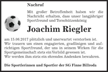 Traueranzeige von Joachim Riegler von WVG - Wochenspiegel NMB / WSF / ZTZ