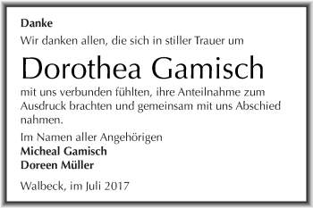 Traueranzeige von Dorothea Gamisch von Wochenspiegel Mansfelder Land