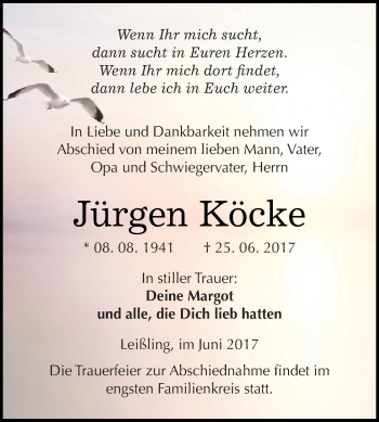 Traueranzeige von Jürgen Köcke von WVG - Wochenspiegel NMB / WSF / ZTZ