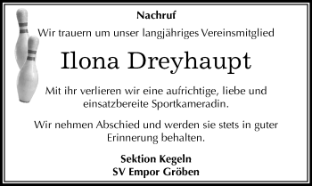 Traueranzeige von Ilona Dreyhaupt von Mitteldeutsche Zeitung Weißenfels