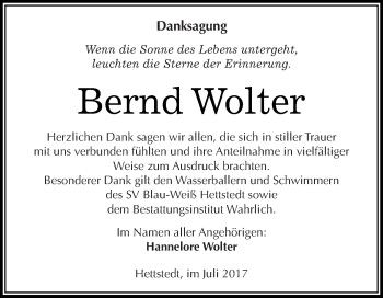Traueranzeige von Bernd Wolter von Wochenspiegel Mansfelder Land