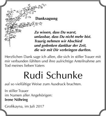 Traueranzeige von Rudi Schunke von Mitteldeutsche Zeitung Weißenfels