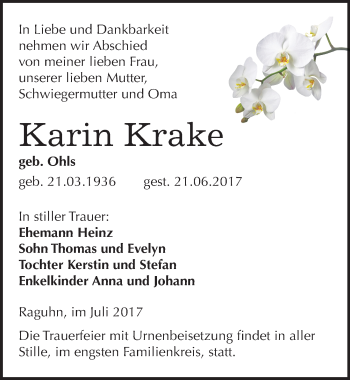 Traueranzeige von Karin Krake von Mitteldeutsche Zeitung Bitterfeld