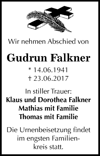 Traueranzeige von Gudrun Falkner von Mitteldeutsche Zeitung Halle/Saalkreis