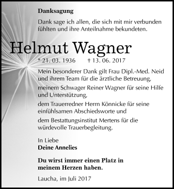 Traueranzeige von Helmut Wagner von Mitteldeutsche Zeitung Naumburg/Nebra