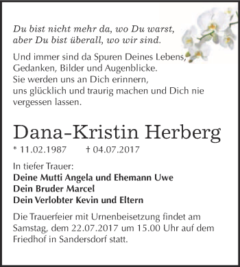 Traueranzeige von Dana-Kristin Herberg von WVG - Wochenspiegel Bitterfeld