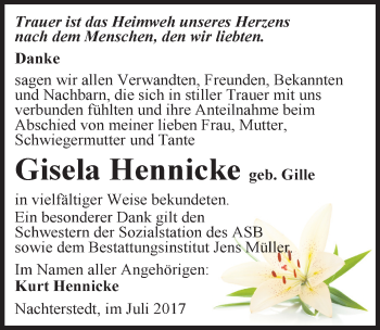 Traueranzeige von Gisela Hennicke von Mitteldeutsche Zeitung Aschersleben