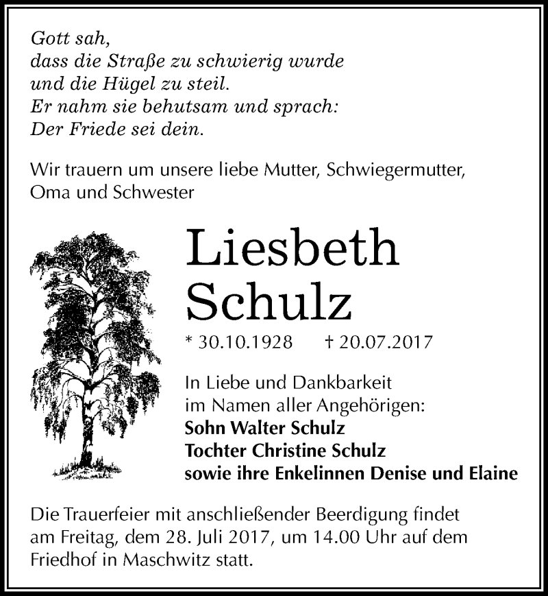  Traueranzeige für Liesbeth Schulz vom 25.07.2017 aus Mitteldeutsche Zeitung Halle/Saalkreis
