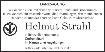 Traueranzeige von Helmut Strahl von Wochenspiegel Mansfelder Land