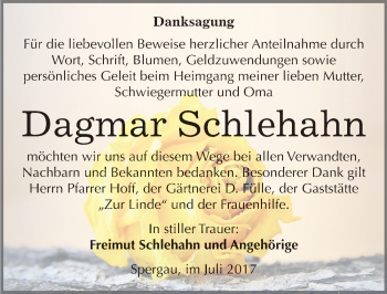 Traueranzeige von Dagmar Schlehahn von Mitteldeutsche Zeitung Merseburg/Querfurt