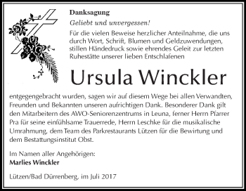 Traueranzeige von Ursula Winckler von Super Sonntag Merseburg