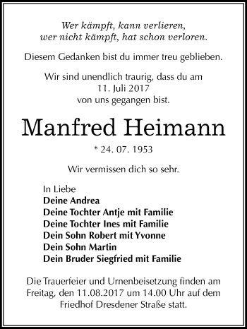 Traueranzeige von Manfred Heimann von WVG - Wochenspiegel Wittenberg