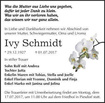 Traueranzeige von Ivy Schmidt von Mitteldeutsche Zeitung Bernburg