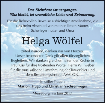 Traueranzeige von Helga Wölfel von Mitteldeutsche Zeitung Merseburg/Querfurt