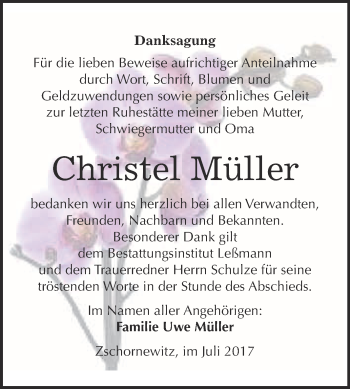 Traueranzeige von Christel Müller von WVG - Wochenspiegel Wittenberg