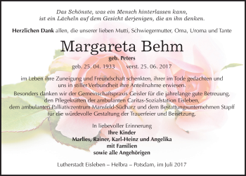 Traueranzeige von Margareta Behm von Mitteldeutsche Zeitung Mansfelder Land