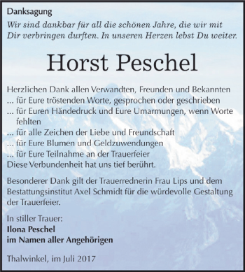 Traueranzeige von Horst Peschel von WVG - Wochenspiegel NMB / WSF / ZTZ