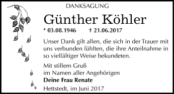 Traueranzeige von Günther Köhler von Mitteldeutsche Zeitung Mansfelder Land