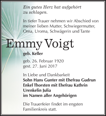 Traueranzeige von Emmy Voigt von Mitteldeutsche Zeitung Halle/Saalkreis