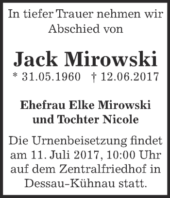 Traueranzeige von Jack Mirowski von WVG - Wochenspiegel Dessau / Köthen