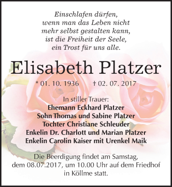 Traueranzeige von Elisabeth Platzer von Mitteldeutsche Zeitung Halle/Saalkreis
