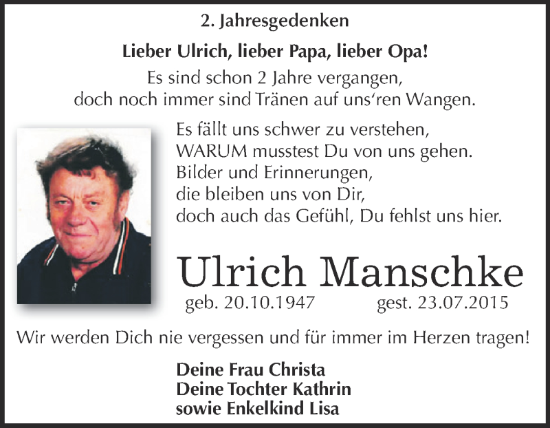  Traueranzeige für Ulrich Manschke vom 22.07.2017 aus Super Sonntag SGH Mansf. Land