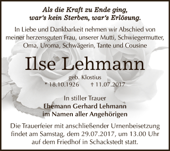 Traueranzeige von Ilse Lehmann von Super Sonntag Bernburg