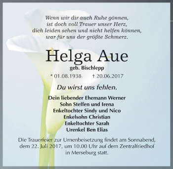 Traueranzeige von Helga Aue von Mitteldeutsche Zeitung Merseburg/Querfurt