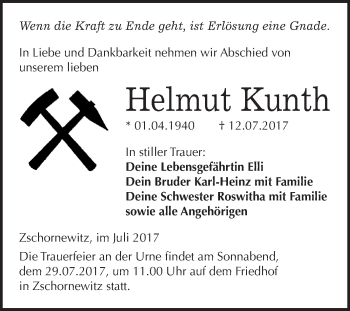Traueranzeige von Helmut Kunth von WVG - Wochenspiegel Wittenberg