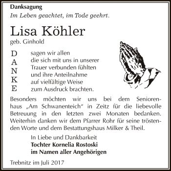 Traueranzeige von Lisa Köhler von WVG - Wochenspiegel NMB / WSF / ZTZ
