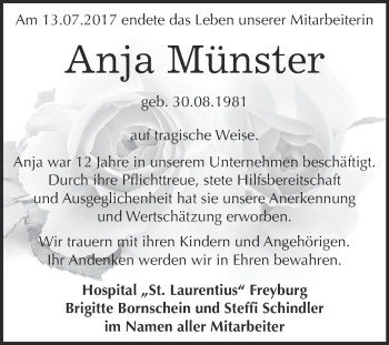 Traueranzeige von Anja Münster von WVG - Wochenspiegel NMB / WSF / ZTZ
