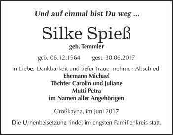 Traueranzeige von Silke Spieß von WVG - Wochenspiegel Merseburg