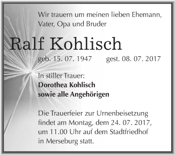 Traueranzeige von Ralf Kohlisch von WVG - Wochenspiegel Merseburg