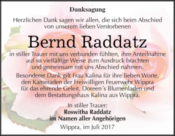 Traueranzeige von Bernd Raddatz von Super Sonntag SGH Mansf. Land