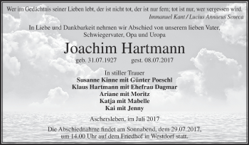 Traueranzeige von Joachim Hartmann von Super Sonntag Aschersleben