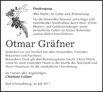 Traueranzeige von Otmar Gräfner von WVG - Wochenspiegel Wittenberg