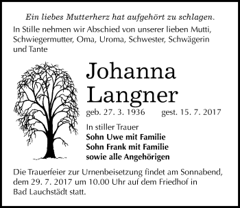 Traueranzeige von Johanna Langner von Mitteldeutsche Zeitung Merseburg/Querfurt