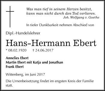 Traueranzeige von Hans-Hermann Ebert von Mitteldeutsche Zeitung Wittenberg