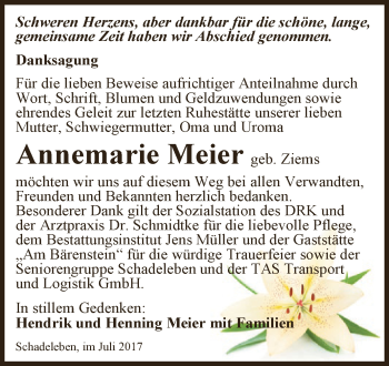 Traueranzeige von Annemarie Meier von Super Sonntag Aschersleben