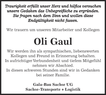 Traueranzeige von Oli Gaul von WVG - Wochenspiegel Dessau / Köthen