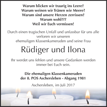 Traueranzeige von Rüdiger und Ilona  von WVG - Wochenspiegel Aschersleben