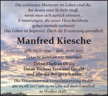 Traueranzeige von Manfred Kiesche von WVG - Wochenspiegel Bitterfeld