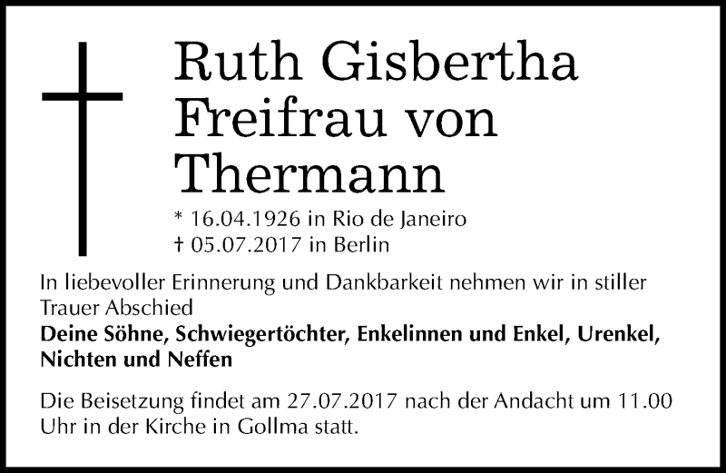  Traueranzeige für Ruth Gisbertha Freifrau von Thermann vom 22.07.2017 aus Mitteldeutsche Zeitung Halle/Saalkreis