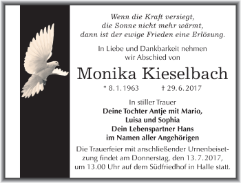 Traueranzeige von Monika Kieselbach von Mitteldeutsche Zeitung Halle/Saalkreis